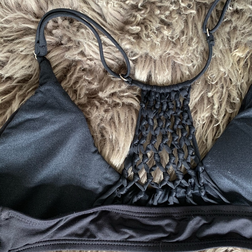 Black Swim Bikini Sports Bra Caged Back Top